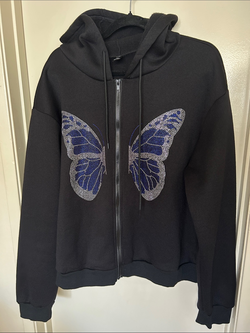 SHEIN Black Zip-Up Hoodie with Blue Rhinestone Butterfly